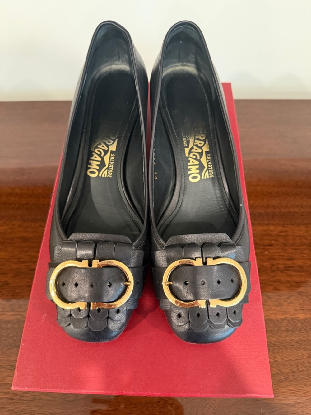 Salvatore Ferragamo Black Leather Flats with Gold Buckle